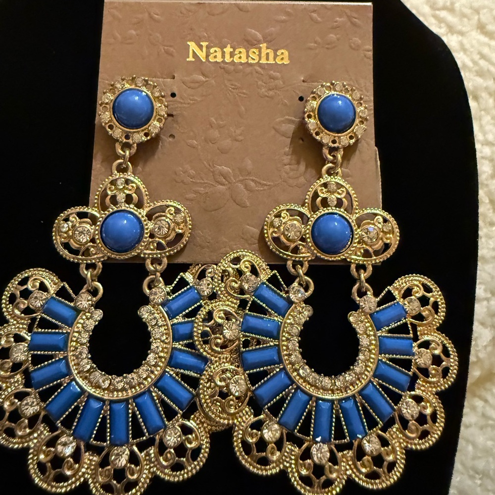 Natasha Couture Blue and Gold Filigree Earrings
